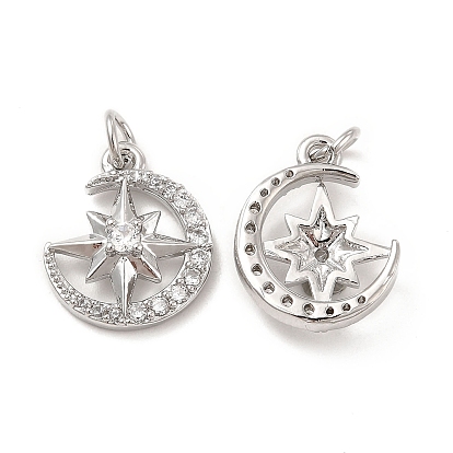 Brass Micro Pave Cubic Zirconia Pendants, with Jump Ring, Moon with Star Charm