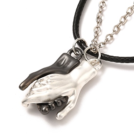 Ensembles de colliers pendentif main en alliage de placage de crémaillère, colliers magnétiques couples, avec corde en cuir et chaîne forçat en laiton