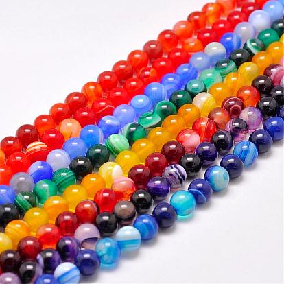 Natural Striped Agate/Banded Agate Bead Strands, Dyed & Heated Color, Round, Grade A
