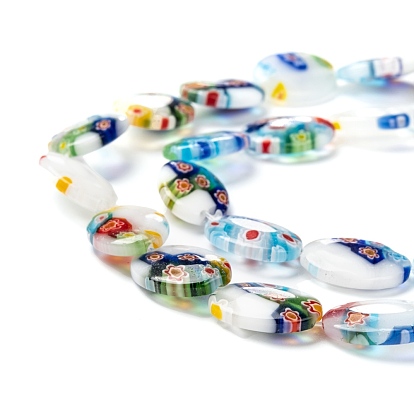 Handmade Millefiori Glass Beads Strands, White Porcelain, Flat Oval, White