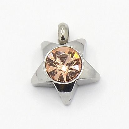 201 colgantes del encanto estrella de diamantes de imitación de acero inoxidable, Grado A, facetados, 9x8x3 mm, agujero: 1 mm