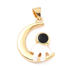 Brass Enamel Pendants, Long-Lasting Plated, Real 18K Gold Plated, Moon with Astronaut, Black & White