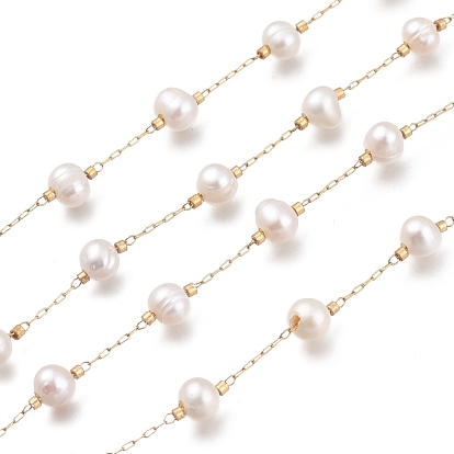 304 Stainless Steel Paperclip Chains, Drawn Elongated Cable Chains, with Natural Pearl Beads, Soldered, Long-Lasting Plated
