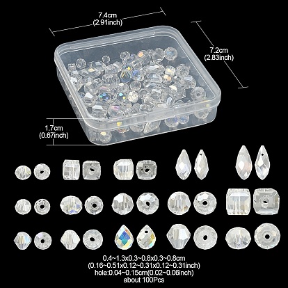 100 pcs 15 style perles à facettes en verre galvanoplastie transparent, bicône & rond & cube & larme & rondelle