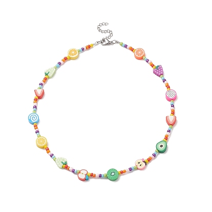 Orange & Grape & Lollipop & Apple Polymer Clay & Glass Seed Beaded Necklace, Fruit Theme Jewelry for Women