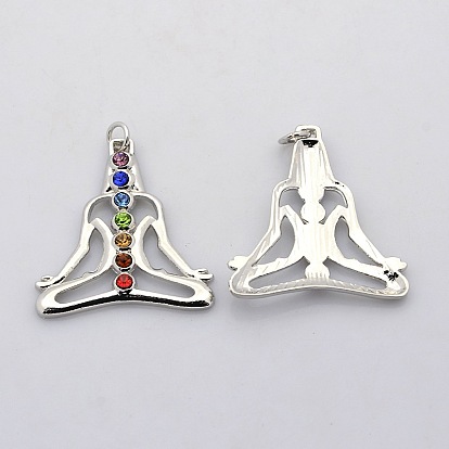 Yoga Jewelry Colorful Human Brass Glass Rhinestone Chakra Pendants, 36x33x3mm, Hole: 4mm