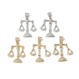 Rack Plating Brass Micro Pave Cubic Zirconia Pendants, Lead Free & Cadmium Free, Long-Lasting Plated, Libra Charm, Moving Scales Charm