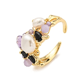 Brass Open Cuff Rings, with Amethyst, Pearl, Jewely for Women, Flower