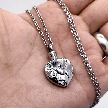 Alloy Heart with Bird Urn Ashes Pendant Necklace, Memorial Jewelry for Men Women