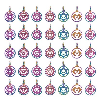 14 pcs 7 estilo chakra tema ionizado (ip) 201 amuletos de acero inoxidable, Corte con laser, con anillos de salto, plano y redondo, ajna y sahasrara y manipura y anahata y vishuddha y muladhara y svadhisthana