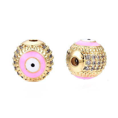 Brass Micro Pave Cubic Zirconia Beads, with Enamel, Real 18K Gold Plated, Round with Evil Eye, Nickel Free