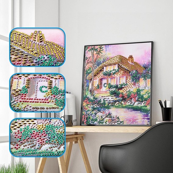 5D DIY Diamond Painting Kits For Kids, with Diamond Painting Cloth, Resin Rhinestones, Diamond Sticky Pen, Tweezers, Tray Plate and Glue Clay, Forest Cabin Pattern