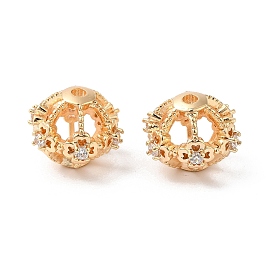 Hollow Brass Beads, with Cubic Zirconia, Flat Round with Flower