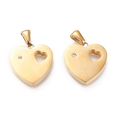 Placage ionique de la Saint-Valentin (ip) 304 pendentifs en acier inoxydable, découper, avec strass, polissage manuel, coeur avec coeur creux