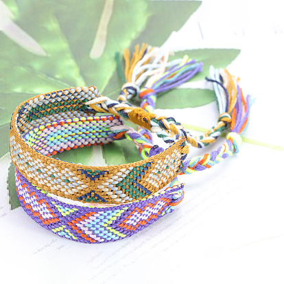 Polyester-cotton Braided Rhombus Pattern Cord Bracelet, Ethnic Tribal Adjustable Brazilian Bracelet for Women