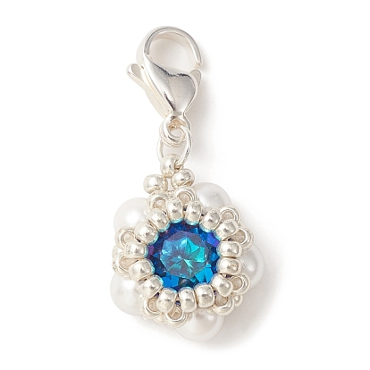 K9 decoración colgante de cuentas de perlas de concha y diamantes de imitación de vidrio, con 304 de acero inoxidable broches pinza de langosta, flor