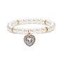 Acrylic Pearl Round Beaded Stretch Bracelet with Alloy Rhinestone Heart Charms for Women