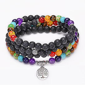 Bracelet en pierre naturelle colorée avec pendentif en pierre volcanique de lave et lotus yoga