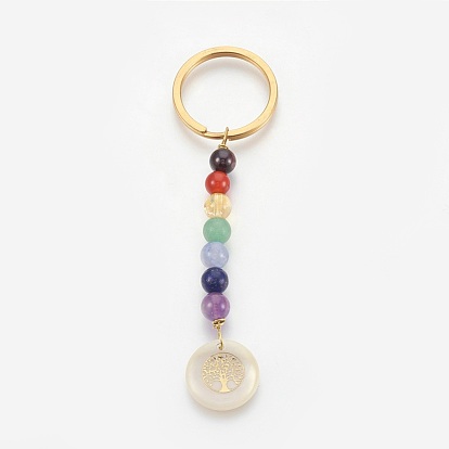 Natural Mixed Gemstone Keychain, with 304 Stainless Steel Split Key Rings and Freshwater Shell Pendants