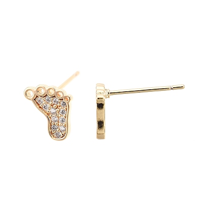 Clear Cubic Zirconia Footprint Stud Earrings, Ion Plating(IP) Brass Jewelry for Women, Nickel Free