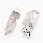 Natural Quartz Crystal Pointed Pendants, Rock Crystal Pendants, with Silver Color Plated Brass Finding, Nuggets
