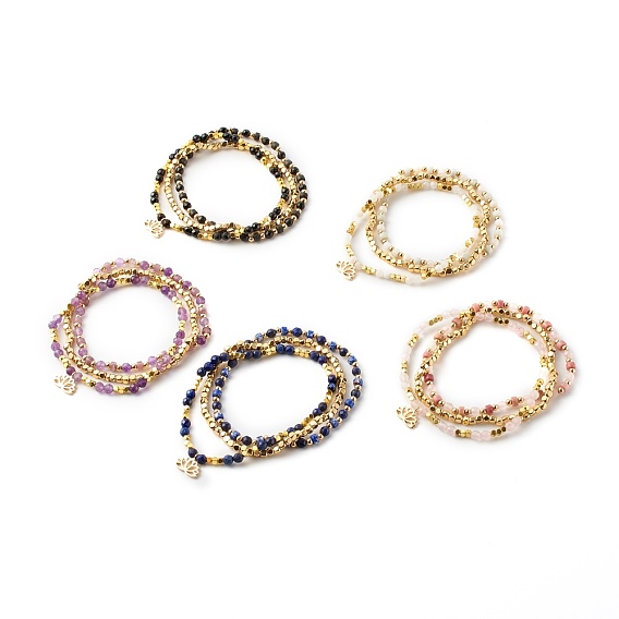Ensembles de bracelets extensibles perlés de pierres précieuses naturelles, avec hématite synthétique non magnétique et billes d'espacement en laiton, lotus, or