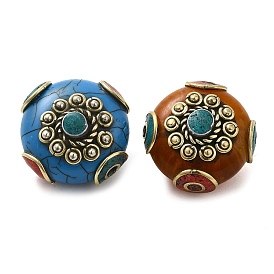 Perles de style à la main tibétains, avec turquoise synthétique, imitation cire d'abeille et apprêts en laiton, plat rond