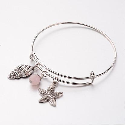 Bracelets de charme de fer réglable, avec des perles rondes de pierres précieuses et des pendentifs en alliage, étoile de mer / étoiles de mer et buccin, 67mm