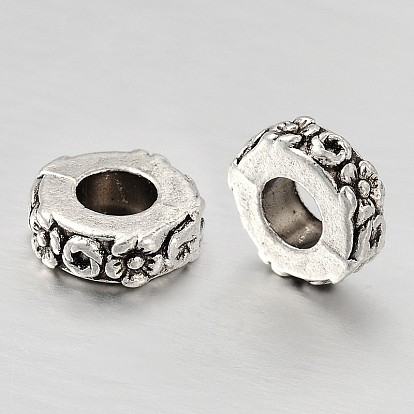 Alloy European Large Hole Beads, Flat Round with Flower
