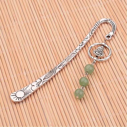 Antique Silver Plated Alloy Bookmarks, with Alloy Buddha Pendants and Gemstone Round Beads, 122x22x2mm