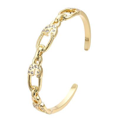 Bracelet de manchette ouvert avec goupille de sécurité en zircone cubique transparente, bijoux en laiton pour femmes, sans nickel