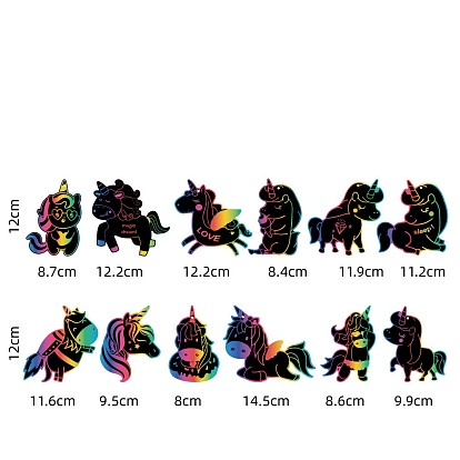 Scratch Rainbow Painting Art Paper, DIY Horse Scratch Art, with 12Pcs Paper Card, 12 Strands Silk Ribbon and 12Pcs Bamboo Sticks