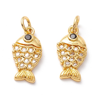 Brass Micro Pave Clear Cubic Zirconia Pendants, Long-Lasting Plated, Lead and Cadmium Free, Fish
