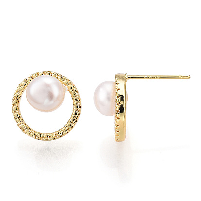 Natural Pearl Stud Earrings with Cubic Zirconia, Brass Arch Earrings with 925 Sterling Silver Pins, Cadmium Free & Nickel Free & Lead Free