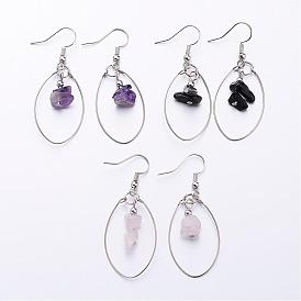 Natural Gemstone Dangle Earrings, with Steel Memory Wire and Brass Earring Hooks, Platinum