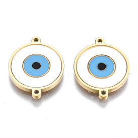 304 Stainless Steel Enamel Links Connectors, Flat Round with Eye, White and Sky Blue
