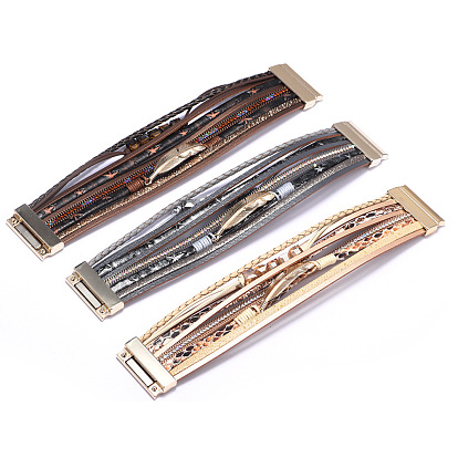 Cuir PU bracelets multi-brins, avec des cordes de polyester ciré, fermoir magnétique et strass en alliage, plume