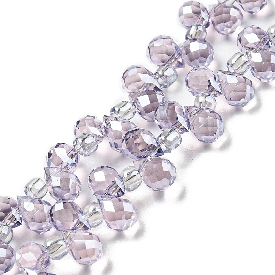 Electroplate transparentes cuentas de vidrio hebras, lustre de la perla chapado, lágrima facetada, superior perforado