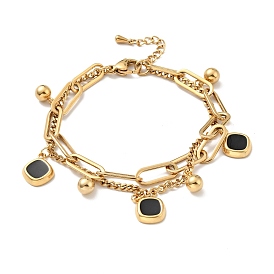 Resin Rhombus and Round Ball Charm Multi-strand Bracelet, Vacuum Plating 304 Stainless Steel Double Layered Chains Bracelet for Women