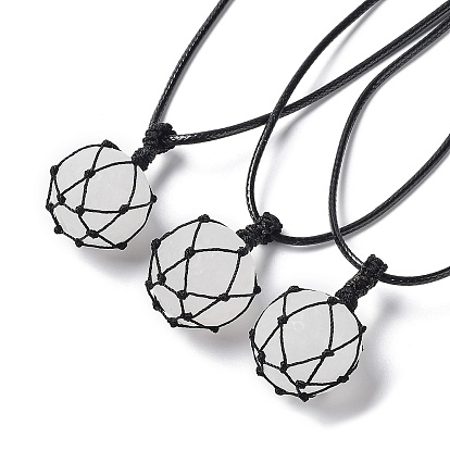 Collier pendentif rond en pierres mélangées naturelles et synthétiques, collier réglable pochette macramé corde cirée