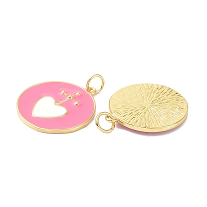 Brass Enamel Pendants, with Jump Ring, Real 18K Gold Plated, Long-Lasting Plated, Lead Free & Nickel Free & Cadmium Free, Flat Round with Heart