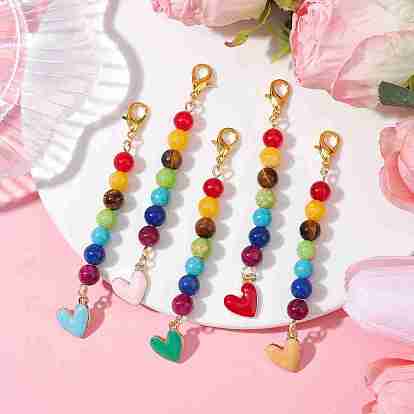 Alloy Enamel Heart Pendant Decorations, with Chakra Natural Gemstone Round Bead and Alloy Lobster Claw Clasps