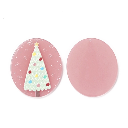 Christmas Theme 3D Printed Resin Pendants, DIY Earring Accessories, Oval with Christmas Tree Pattern, Pink