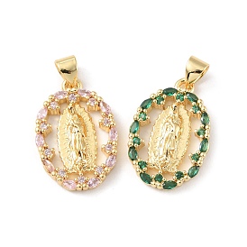 Brass Micro Pave Cubic Zirconia Pendants, Long-Lasting Plated, Real 18K Gold Plated, Cadmium Free & Lead Free, Oval with Saint Benedict