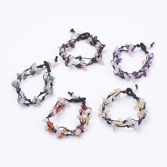 Pulseras de múltiples cadenas de piedras preciosas naturales ajustables, pulseras de hilo de nylon, con cuarzo rosa natural y perlas