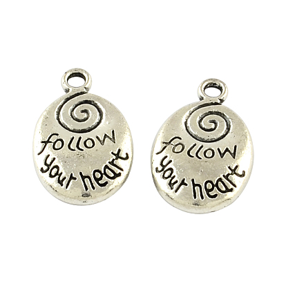 Tibetan Style Alloy Message Pendants, Oval with Words Follow Your Heart, Cadmium Free & Lead Free, 20.2x12.5x4.5mm, Hole: 2mm, about 185pcs/500g