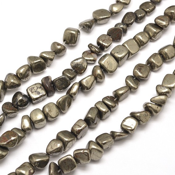 Pépites de pyrite naturelles perles brins, pierre tombée, 8~10x6~8mm, Trou: 1mm, environ 15.7 pouce
