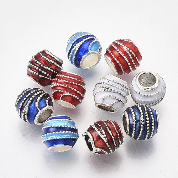 Antique Silver Plated Alloy European Beads, with Enamel, Large Hole Beads, Rondelle