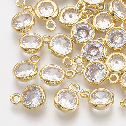 Brass Cubic Zirconia Charms, Flat Round, Clear, Real 18K Gold Plated