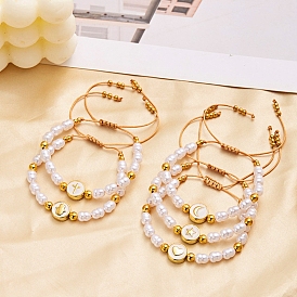 Plastic Imitation Pearl & Alloy Enamel Braided Bead Bracelets, Adjustable Bracelet